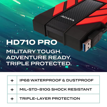 ADATA HD710 Pro 1TB HDD, USB 3.1, IP68 Waterproof/Shockproof/Dustproof Ruggedized External Hard Drive, Red (AHD710P-1TU31-CRD)