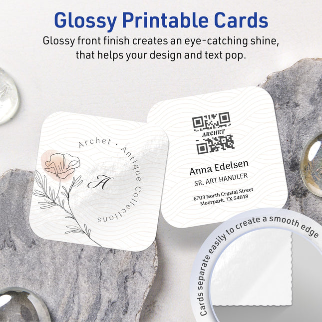 Cartes de visite carrées à coins arrondis imprimables Avery, technologie Sure Feed, 2-1/2" x 2-1/2", papier cartonné blanc brillant, impression bord à bord, laser/jet d'encre, 450 au total