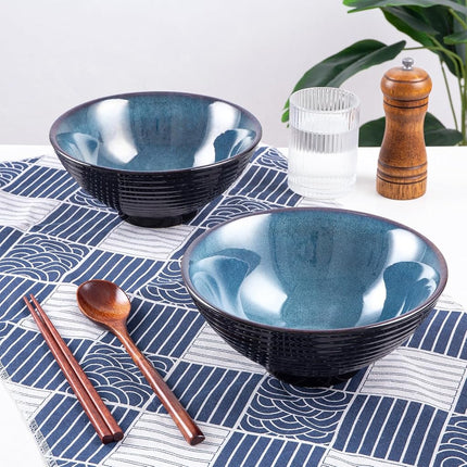 HOKELER Ceramic Japanese Ramen Bowl Set, 2 Sets Asian Pho Udon Soup Noodle Bowls with Spoons and Chopsticks (Starry Blue, 8 inches)
