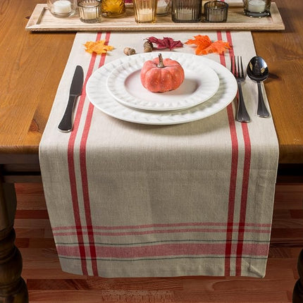 DII French Stripe Dining Table Collection Farmhouse Style Table Runner, 14x108 Inches, Taupe/Red