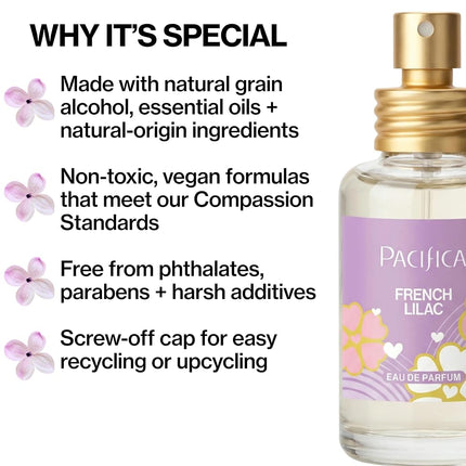 Perfume en aerosol lila francesa de Pacifica - Fragancia floral vegana limpia para mujeres, notas de lila recién cortada y magnolia atalcada, aroma primaveral romántico de larga duración, 1 oz