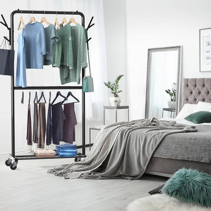 Simple Houseware 100-cm Double Rod Clothes Rack with Wheels, Hooks & Shelf