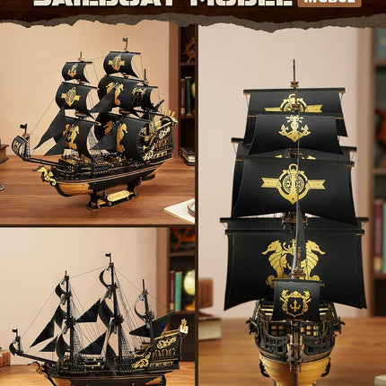 ROKR Seahorse Barque 3D Wooden Puzzle for Adult - Sailboat Model Kit, 603-Piece DIY Assembly, 1:100 Scale Sailboat MCB02