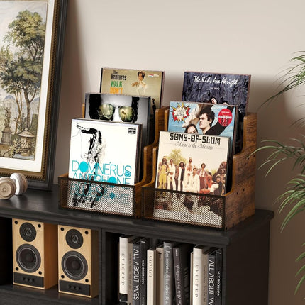 Yuzehuaza Rustic Stepped 3-Tier LP Vinyl Record Crate with Metal Grid, Wooden Album Storage Desktop Organizer Box for Vinyl, Rustic Brown & Black (Patent Pending)