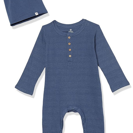 HonestBaby Baby Boys' 2-Piece Organic Cotton Long Sleeve Rib Coverall and Beanie Set, Navy, 24 Months (Pack of 2)