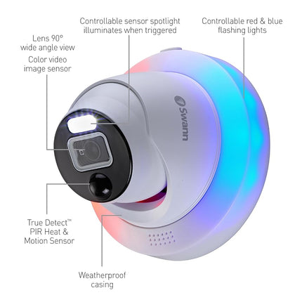 Caméra de sécurité dôme Swann Add-On DVR à lumière clignotante avec projecteur à détecteur, vidéo Full HD 1080p, conception intérieure ou extérieure et détection de chaleur et de mouvement True Detect