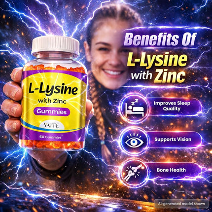 L-Lysine 1000mg with Zinc Gummies – Vegetarian Chewable Amino Acid Supplement for Adults, Non-GMO, Gluten-Free, Gelatin-Free, Easy to Take, Clean Label, Plant-Based Formula, 60 Vegan Chewables