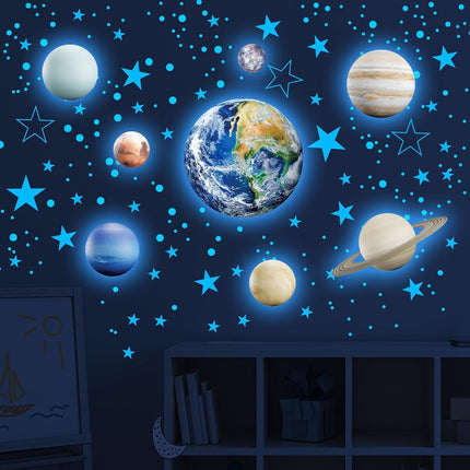 Estrellas que brillan en la oscuridad, pegatinas de pared de la Tierra, pegatinas de pared del sistema solar para dormitorio, decoración de planetas para techo de cuarto de bebé (azul)