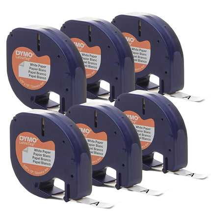 DYMO Authentic Lt Paper Labeling Tape for LetraTag Label Makers, 1/2" (12mm), Black Print On White Tape, 6-Pack