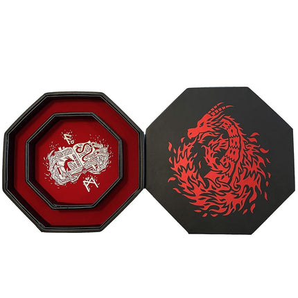 Fantasydice RED Fire Dragon with Wizard Book Print Dice Storage and Rolling Tray 8" Octagon with Lid and Dice Staging Area- Holds 5 Sets(7 Dice Set/Standard) for All Tabletop RPGs