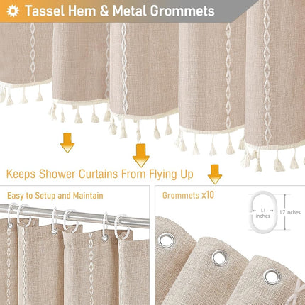 BTTN 60 x 84 Boho Linen Heavy Duty Cloth Shower Curtain Set, Tan/Taupe