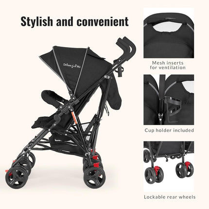 Dream On Me Volgo Twin Baby Stroller, Lightweight Side-by-Side Double Umbrella Stroller with Adjustable Canopy, 5-Point Harness, Storage Basket & Travel-Friendly Fold – Black