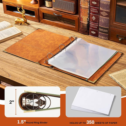 Ovesmusl Sunflower PU Leather 3 Ring Binder Fits 8.5"x11" Letter Size Paper, 1.5 Inch Round Ring Binder Holds 350 Sheets, Notepad Paper Cover Loose Leaf Organizer, Green