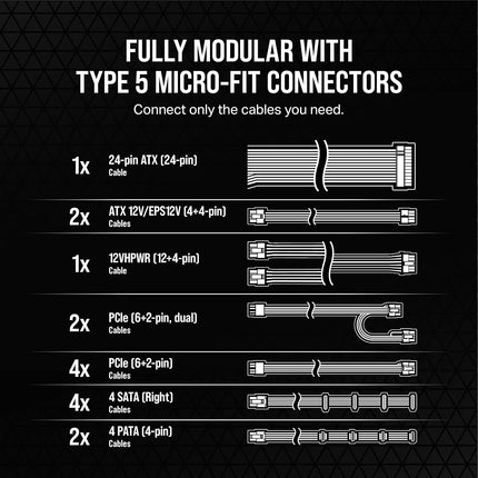 Fuente de alimentación ATX totalmente modular Corsair RM1200x Shift - Interfaz lateral modular - Compatible con ATX 3.0 y PCIe 5.0 - Modo de ventilador Zero RPM - Condensadores clasificados a 105 °C - Eficiencia 80 Plus Gold - Negra
