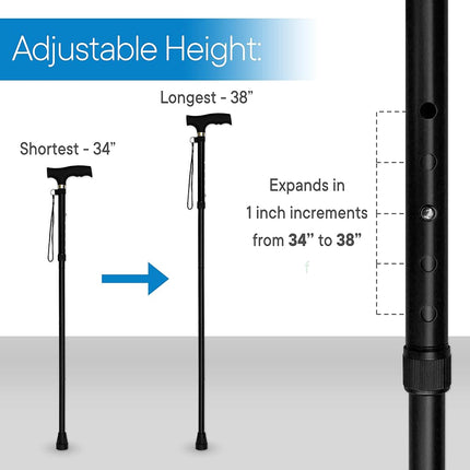 Canne pliante RMS – Canne de marche déportée en aluminium pliable, réglable et légère – Canne de marche pliable avec poignée Derby ergonomique – Aide à la vie quotidienne idéale pour la mobilité réduite (Noir)