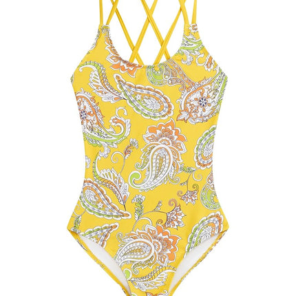 Kanu Surf Girls' Reese UPF 50 Beach Sport Criss-Cross One Piece Swimsuit, Summer Yellow, 8