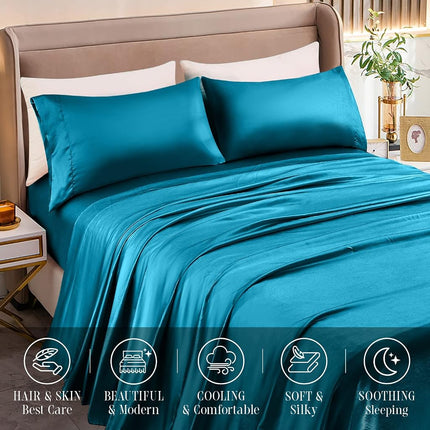 Parure de draps luxueuse en satin soyeux 4 pièces Elegant Comfort, douce pour la peau et les cheveux, infroissable, résistante à la décoloration et aux taches, avec drap-housse à poches profondes, fraîcheur et douceur, lit simple, turquoise