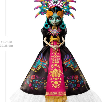 Monster High Doll, Skelita Calaveras Día de Muertos 2025 Collectible, Aztec-Inspired Gown with Vibrant Accessories like Headdress and Necklace, JDR63