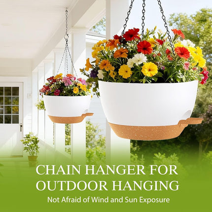 SQKH 10 Inch Hanging Baskets 2 PC with Chains, Self-Watering Hanging Planters for Indoor Outdoor Plants, Plastic Hanging Flower Pots,White Brown