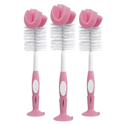 Dr. Brown's Reusable Sponge Baby Cleaning Set with Suction Cup Stand, Scrubber and Nipple Cleaner, 3 Pack, 3-Pack, Pink Bottle Brush, Pack of 3