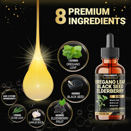 Penhoment 8in1 Oil of Oregano Drops with Black Seed Oil Liquid | Contains Carvacrol | Garlic, Elderberry, Olive Leaf, Quercetin, Bromelain - 2 Fl Oz