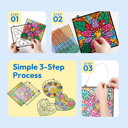 Klever Kits Window Art Making Kits Suncatcher 4Pcs, Gem Painting Kits, Suncatcher Art and Crafts for Kids 5 6 + Years