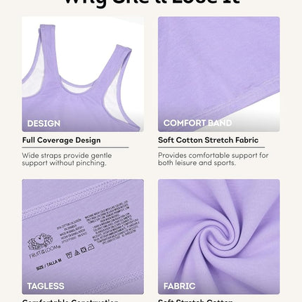 Fruit of the Loom Girls' Multi Cotton Built-Up Stretch Sports Bra Available in 6 Packs, Hyacinth/Eyeshadow/Grey Heather/White/Lilac/Blushing Rose, 38