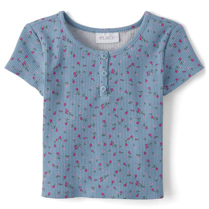 The Children's Place Girls' Basic Short Sleeve Knit Shirts, Blue Aura Ribbed, XX-Large