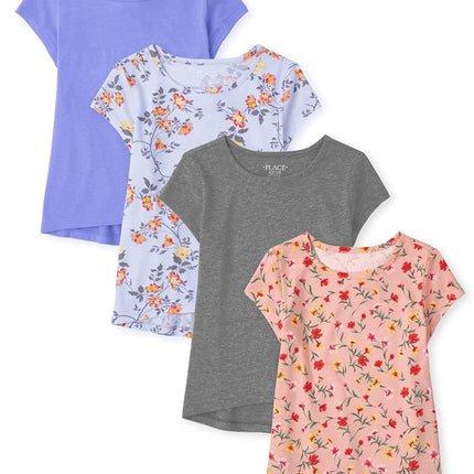 The Children's Place Girls Print Basic Layering Tees, Blue/Grey/Floral 4-Pack, XX-Large