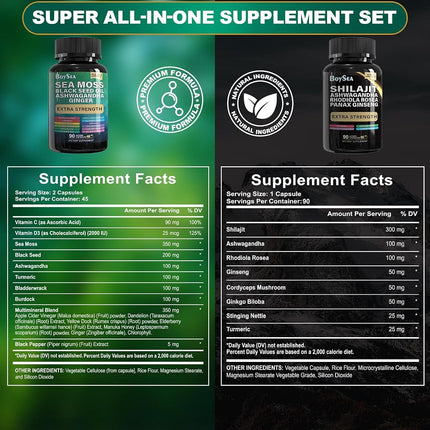 Boysea.Sea Moss and shilajit Bundle - 90 Count - Sea Moss 7000mg, Black Seed Oil 4000mg, Ashwagandha 2000mg, Ginger & Shilajit 9000mg, Rhodiola Rosea 1000mg, All in 1 Supplements (1 Pack)