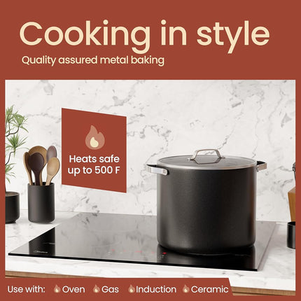 Black 12.5 Quart Aluminum Stock Pot with Lid, Nonstick Ceramic Coated Boiling Pot, PTFE & PFAS Free, Oven Safe to 500°F, Riveted Stainless Steel Handles, Tempered Glass Lid, All Stove Compatible