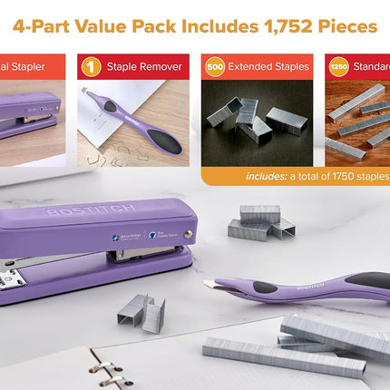 Bostitch Titan Heavy Duty Metal Stapler, 50 Sheet Capacity with 1250 Staples and Ergonomic Staple Remover, Jam Free Stapling, Full Strip Stapler for Desk, Office and Classroom, Purple