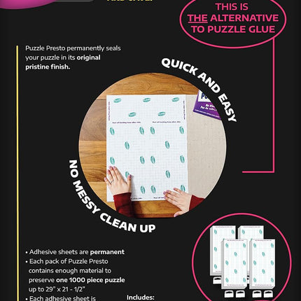 (4 Pack) Puzzle Presto! Peel & Stick Saver: The Original and Still The Best Way to Preserve Your Finished Puzzle! 24 Adhesive Sheets and 8 Adhesive Hangars.