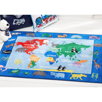 Alfombra Home Dynamix Eric Carle Elementary World Map, 6'6"x9'5", Gráfico/Estampado Mapa Mundial Azul/Verde/Rojo