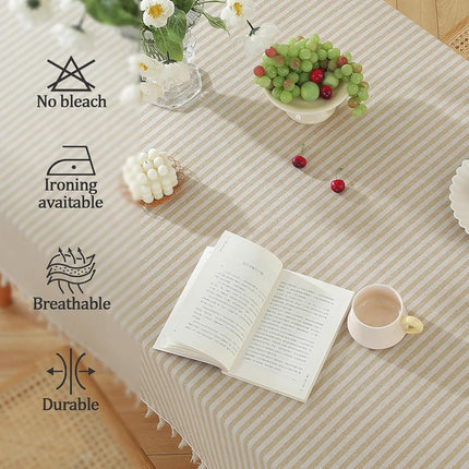 meioro Round Tablecloth Stripe Tassel Table Cloth Cotton Linen Dust-Proof Table Cover for Dining Circle Coffee Side End Card Table, Parties Holiday Indoor Outdoor Use (Red/White Stripes, 59 Inch)