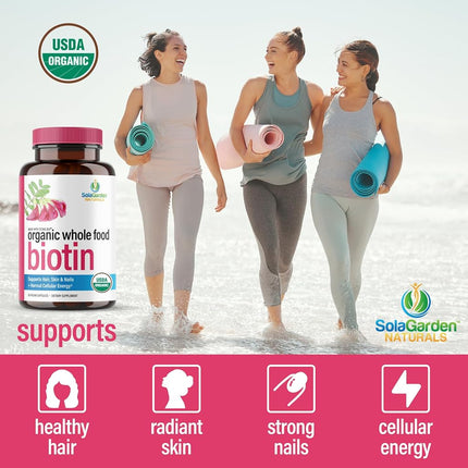 USDA Organic Whole Food Biotin Supplement, Made with Plant-Based Biotin from Sesbania Agati Trees, by SolaGarden Naturals, 60 Non-GMO Vegan Capsules, Supports Hair, Skin, and Nails, Made in USA