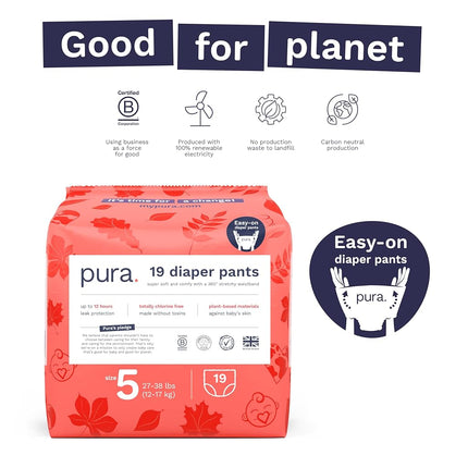 Pura Hypoallergenic Diaper Pants Size 7 (37+ lbs) Overnight, up to 12 Hours Leak Protection, Suitable for Sensitive Skin, Totally Chlorine Free, Soft Organic Cotton, 1 Pack of 17 Pull Up Pants