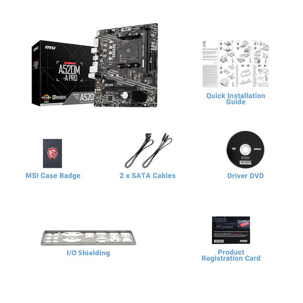 MSI A520M-A PRO Gaming Motherboard (AMD Ryzen 5000, AM4, DDR4, PCIe 3.0, SATA 6Gb/s, M.2, USB 3.2 Gen 1, DVI/HDMI, Micro-ATX)
