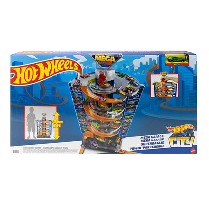 Pista de juguete Hot Wheels Mega Garaje, almacena más de 60 vehículos, incluye 1 vehículo de fundición (Mattel GTT95)