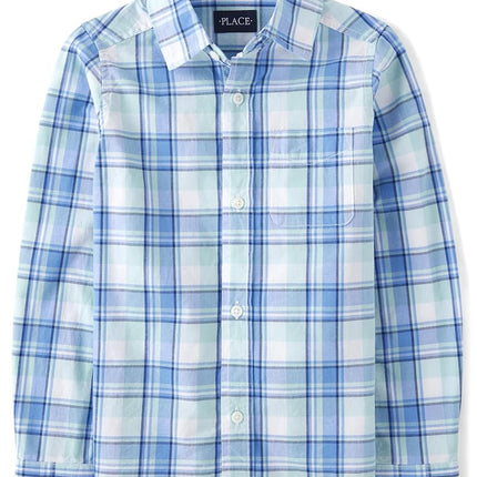 Chemises boutonnées à manches longues pour garçons The Children's Place, carreaux aqua, T-XL