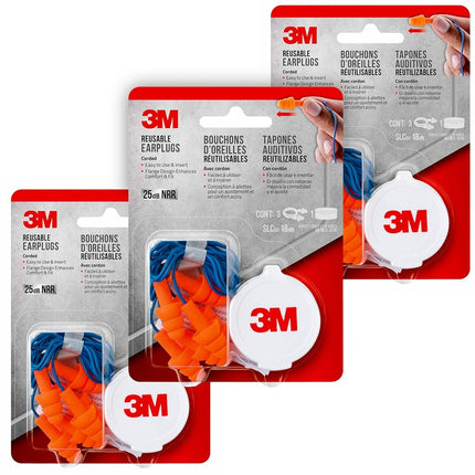 3M Corded Reusable Earplugs, 3 Pack, Noise Reduction Rating (NRR) 25 dB, Easy to Use & Insert, Pliable & Tri-Flange Design Enhances Comfort & Fit, Orange Ear Plugs (90716H3-DC), 3 Pair (Pack of 3)
