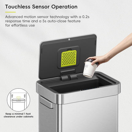 EKO Deluxe Mirage-T 50L Automatic Sensor Kitchen Bin, Stainless Steel Rubbish Bin with Handle, Deodorizer Compartment, Touchless Motion Sensor, Soft-Close & Stay-Open Lid, Rectangular for Home