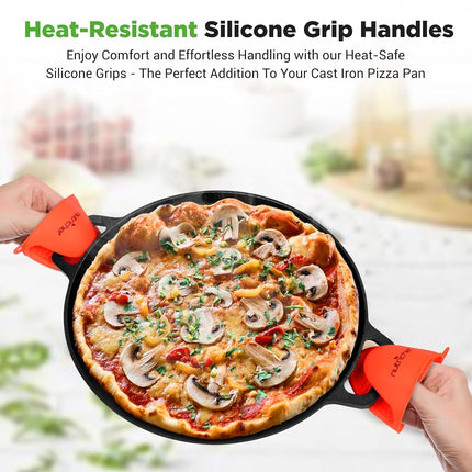 Poêle à pizza en fonte de 13 po - Poêle de cuisson à pizza en fonte avec poignée facile à saisir - Pour cuisinière à gaz, électrique, en verre, à induction, four et gril/feu de camp - 2 poignées en silicone - Nutrichef NCCIPD