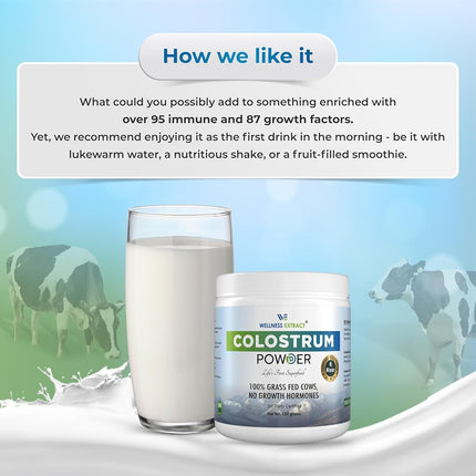 Wellness Extract Bovine Colostrum Powder with High Protein and Lactoferrin for Daily Nutritional Support, Immune System Support and Gut Health, Unflavored Supplement Powder for Men and Women, 150g