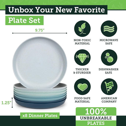 Grow Forward Premium Wheat Straw Plates - 10 Inch Reusable Hard Plastic Dinner Plates Set of 8 - Unbreakable Microwave Safe Plates for Dessert, Camping, RV, Outdoors, Patio, Kitchen Dishes - Seascape