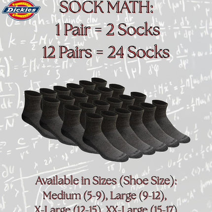 Dickies Men's Dri-Tech Moisture Control Quarter Socks Multi-Pack, Charcoal (12 Pairs)