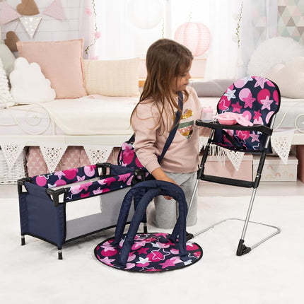 Bayer Design 61769AB Set 9 in 1 for dolls with highchair, bag, plate with cutlery and drinking cup, a play mat and travel bed, doll accessories set, blue pink stars