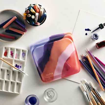 Stasher Reusable Silicone Storage Bag, Food Storage Container, Microwave and Dishwasher Safe, Leak-free, Bundle 4-Pack, Rainbow Splash + Purple Wave + Lavender + Red