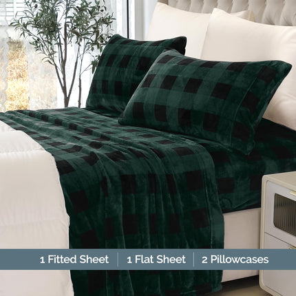 Elegant Comfort Luxuriously Soft 4-Piece Velvet Plush Flannel Sheet Set - Premium Quality - Cozy Warm, Anti-Static, Non Pilling Fuzzy Velvet Flannel Fleece Deep Pocket Sheet Set - Twin, Buffalo Green