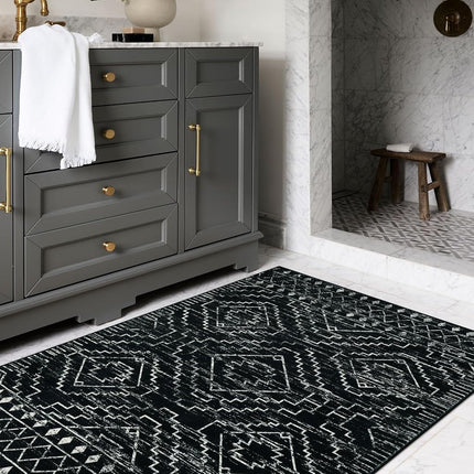 Wonnitar Moroccan 3x5 Rug, Black Washable Small Rug for Bedroom, Non-Slip Geometric Tribal Entry Throw Mat, Boho Farmhouse Rustic Soft Low Pile Area Rug for Bathroom Dining Guest Room (Black,3'x5')